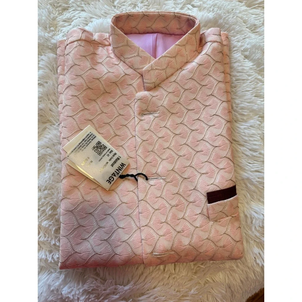 Wintage Mens Nehru Jacket Waistcoat Pink Gold Embroidered Ethnic Vest Size 42